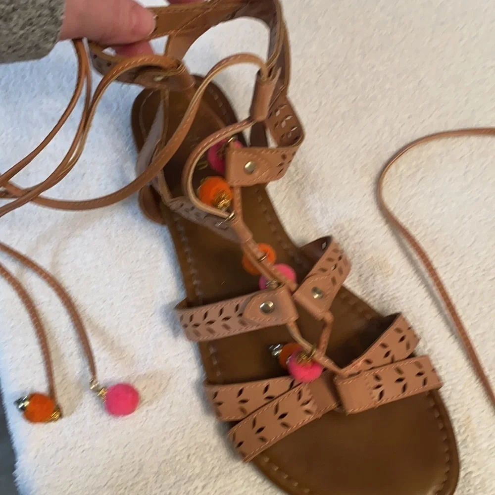 Madden Girl gladiator sandals laser cut decor lace up w/poms flats size 9